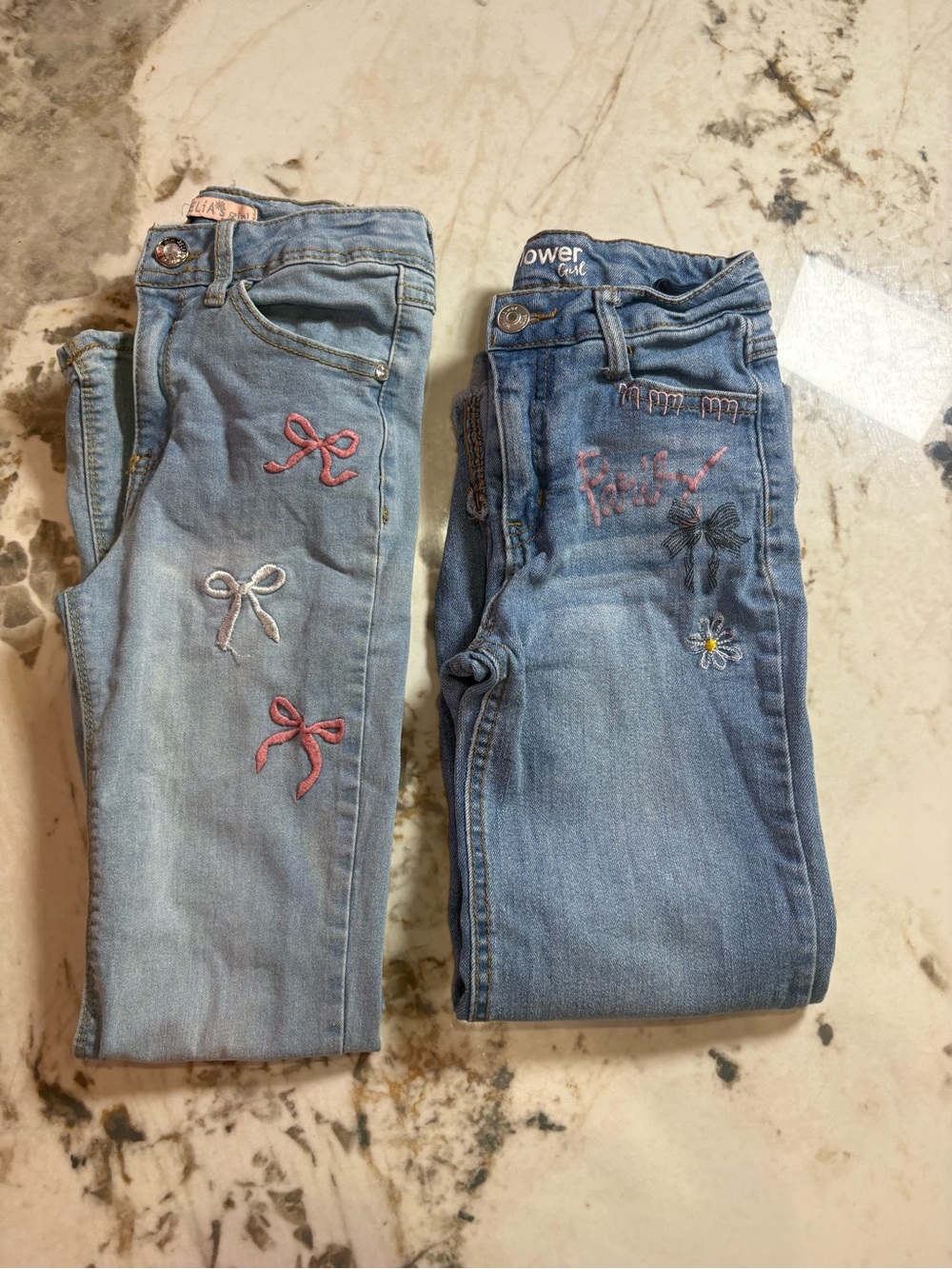 2 Girls Light Blue Embroidered Jeans - Bow & Floral Details